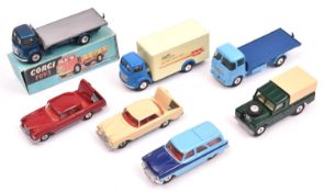 7 nicely restored Corgi Toys. 2x Commer trucks- A Wall's Refrigerator Van in cream and dark blue and