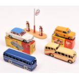 4 Dinky Toys vehicles. AA Mini Van (274), example in all over yellow, with light blue interior.