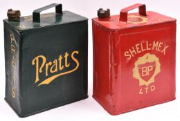 2x early petrol cans. A Pratt's example in green and yellow with 3/- to top. Together with a Shell-