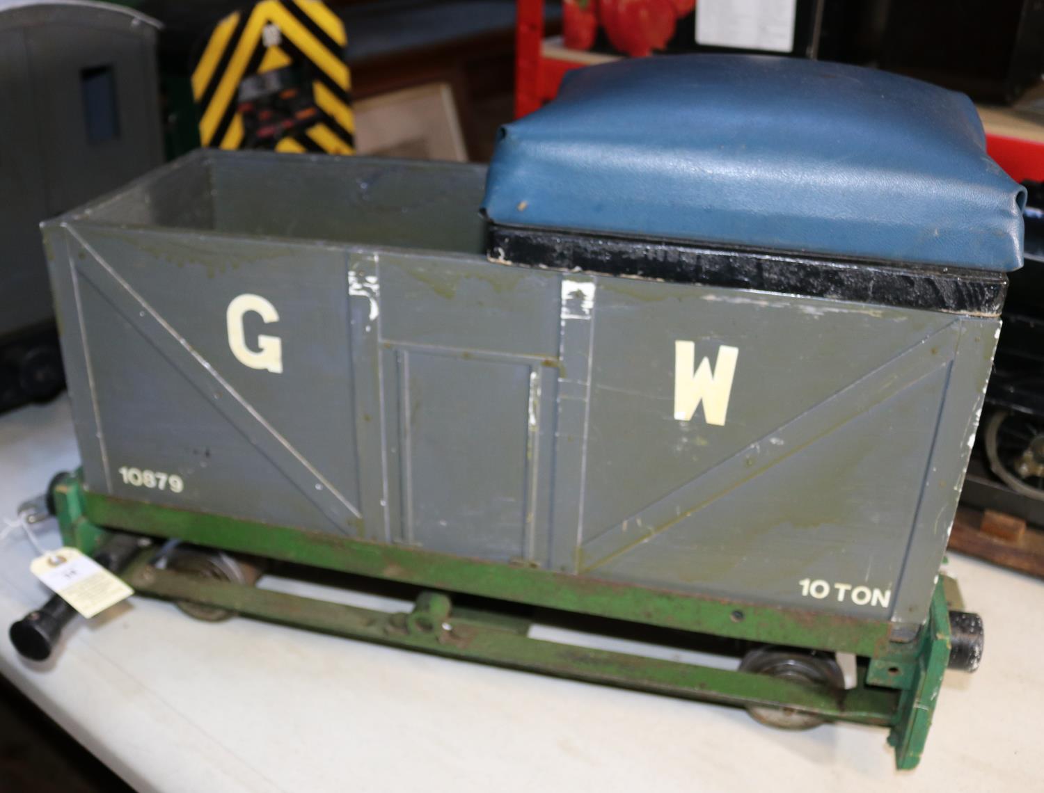 A 5 inch gauge driving truck presented as a GWR style 10-ton open wagon. For ground level running