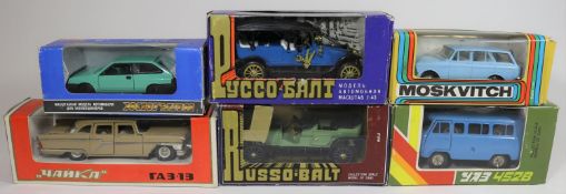 6 Russian produced 1:43 scale vehicles. A ZIL style Limousine. A civilian 452B Minibus. A