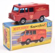 A Matchbox Superfast 1-75 Land Rover Fire Truck (57c). In red with Kent Fire Brigade label shaped