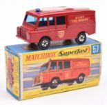 A Matchbox Superfast 1-75 Land Rover Fire Truck (57c). In red with Kent Fire Brigade label shaped