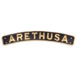 A reproduction brass locomotive name plate for an LMS Jubilee Class 4-6-0 tender locomotive;