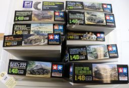 10x Military plastic kits by Tamiya and Bronco. Unconstructed kits in 1:48 and 1:35 scale. 9x