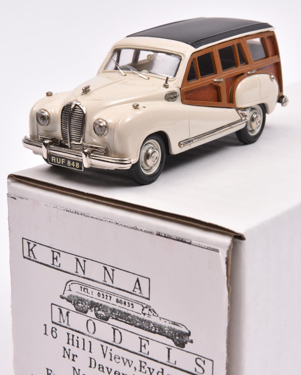 Kenna white metal Austin A70 Estate. An example in white with black roof and wood effect sides.