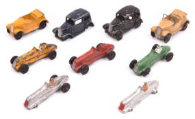 8 Dinky 35 Series Cars. 2x Saloon Car (35a); in grey and red, both with white rubber wheels. 2x