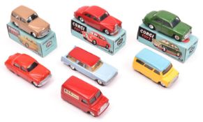 7 nicely restored Corgi Toys. 2x Bedford CA - 10CWT Van, in red K.L.G. Plugs livery and a
