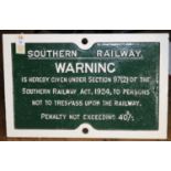 An SR cast iron sign. Southern Railway Warning Not To Trespass Upon The Railway' sign. Approx