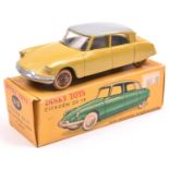 French Dinky Citroen DS19 (24CP). An example in yellow with a grey roof, window glazing, plated