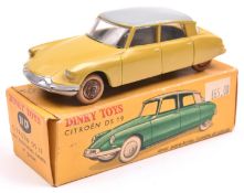 French Dinky Citroen DS19 (24CP). An example in yellow with a grey roof, window glazing, plated