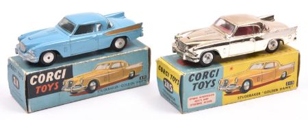 2 Corgi Toys Studebaker 'Golden Hawk' (211/211S). Early example in light blue, with gold flash, no