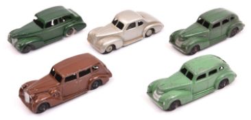 5 Dinky Toys 39 Series. Packard Super Eight (39a). Example in dark brown with black ridged wheels,