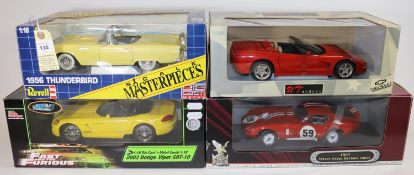 4 1:18 scale cars. UT Models 1998 Chevrolet Corvette in red. Road Signature 1965 Shelby Cobra