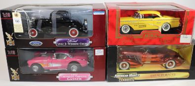 4 1:18 scale cars. 2x Road Signature - 1957 Chevrolet Corvette Gasser in vibrant pink. Plus a 1932