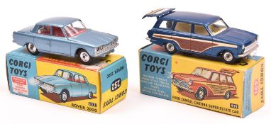 2 Corgi Toys. Rover 2000 (252), example in light metallic blue with red interior, spun wheels with