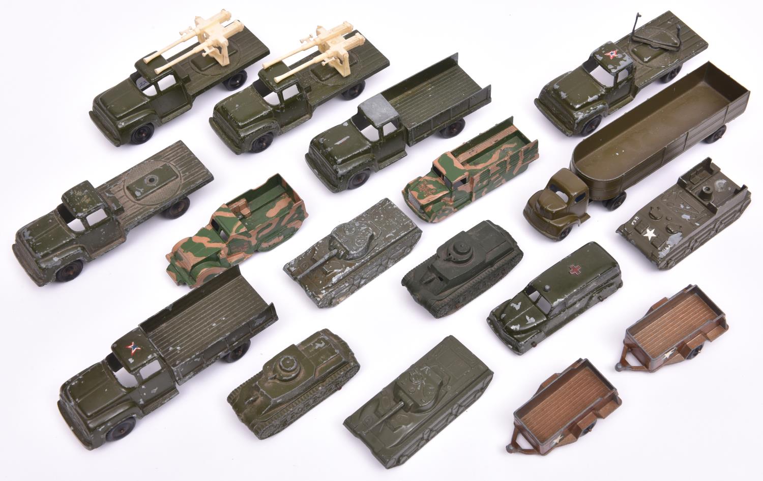 Quantity of Tootsie, Midgetoy and Ralstoy military vehicles. 6 bonneted trucks, variations- with