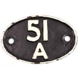 A 51A Darlington shed plate. Black background with white lettering. GC, some restoration and back