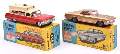 2 Corgi Toys. Buick Riviera (245). Metallic gold with red interior and spoked wheels. Together