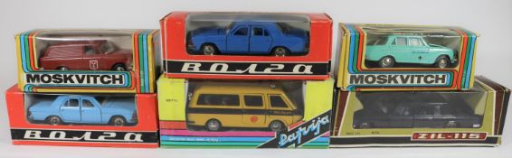 6 Russian produced 1:43 scale vehicles. A Minibus, Police, with blue light to roof. A ZIL-115