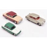 3 Dinky Toys. Humber Hawk (165), in cream with maroon roof and lower sides. A Singer Vogue (145), in