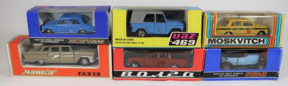 6 Russian produced 1:43 scale vehicles. A ZIL style Limousine. A UAZ-469 4x4 cross-country