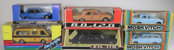 6 Russian produced 1:43 scale vehicles. A Volga 4-door saloon. A Lada 4-door saloon. A Minibus,