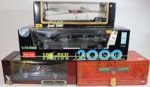 4 1:18 scale cars. Sun Star Lincoln Town Sedan stretched limousine in black. Guiloy Topline Chrysler