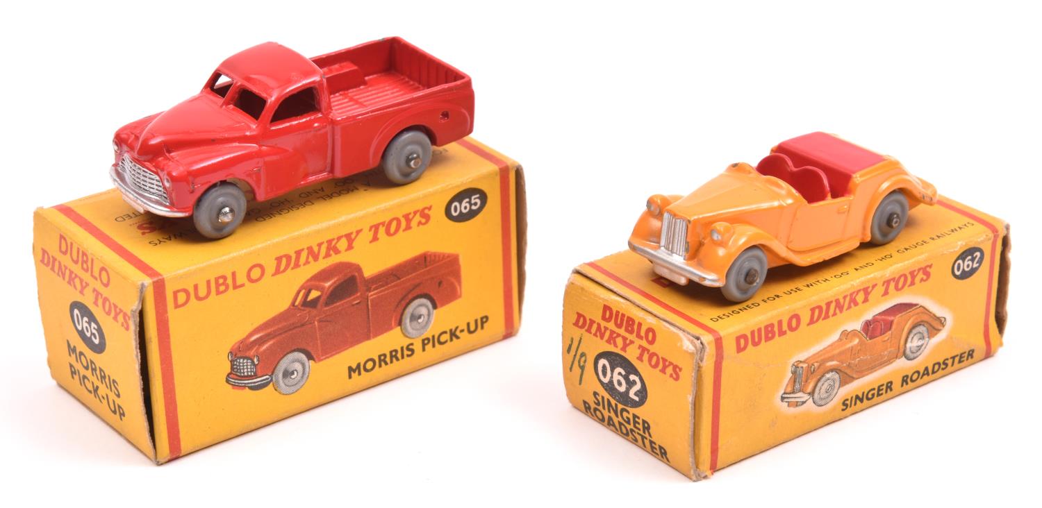 2 Dublo Dinky Toys. Morris Pick-Up (065) in bright red and a Singer Roadster (062), in bright yellow