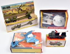 4 Dinky Toys. U.S. Jeep with 105mm Howitzer (615), complete. Berliet Missile Launcher (620). Klingon