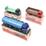 3 Dinky Toys trucks. A Foden DG 14-Ton Tanker (504). Cab and chassis in dark blue with mid blue