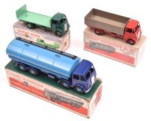 3 Dinky Toys trucks. A Foden DG 14-Ton Tanker (504). Cab and chassis in dark blue with mid blue