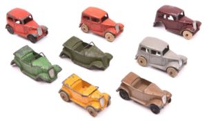 9 Dinky 35 Series Cars. 2x Saloon Car (35a); in black with black wheels and dark blue (missing