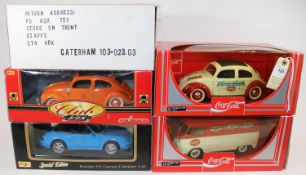 5 1:18 scale cars. 2x Solido / Coca-Cola Volkswagens - a 1958 Coccinelle Beetle and a 1966 Combi.