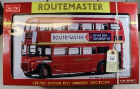 A Sun Star 1:24 scale London Transport Routemaster in red. RM8, with 'Routemaster' advert to side.