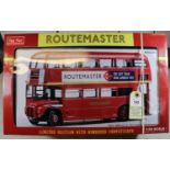 A Sun Star 1:24 scale London Transport Routemaster in red. RM8, with 'Routemaster' advert to side.