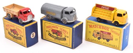 3x Matchbox Series. Karrier Bantam Lorry 'Coca Cola' (37b) with black plastic wheels. Karrier Refuse