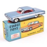 Corgi Toys Oldsmobile Super 88 (235). An example in light metallic steel blue with white flash and