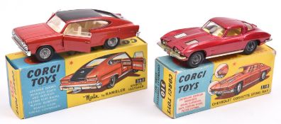 2 Corgi Toys. Marlin by Rambler Sports Fastback (263). In red with black roof & boot, with white