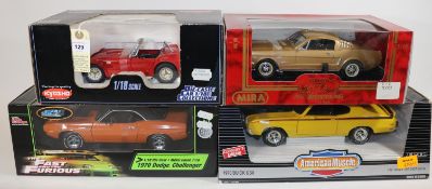 4 1:18 scale cars. Kyosho Shelby Cobra 427 S/C in red. Mira 1965 Ford Mustang in metallic gold. Plus