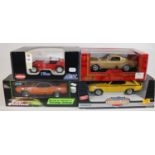 4 1:18 scale cars. Kyosho Shelby Cobra 427 S/C in red. Mira 1965 Ford Mustang in metallic gold. Plus