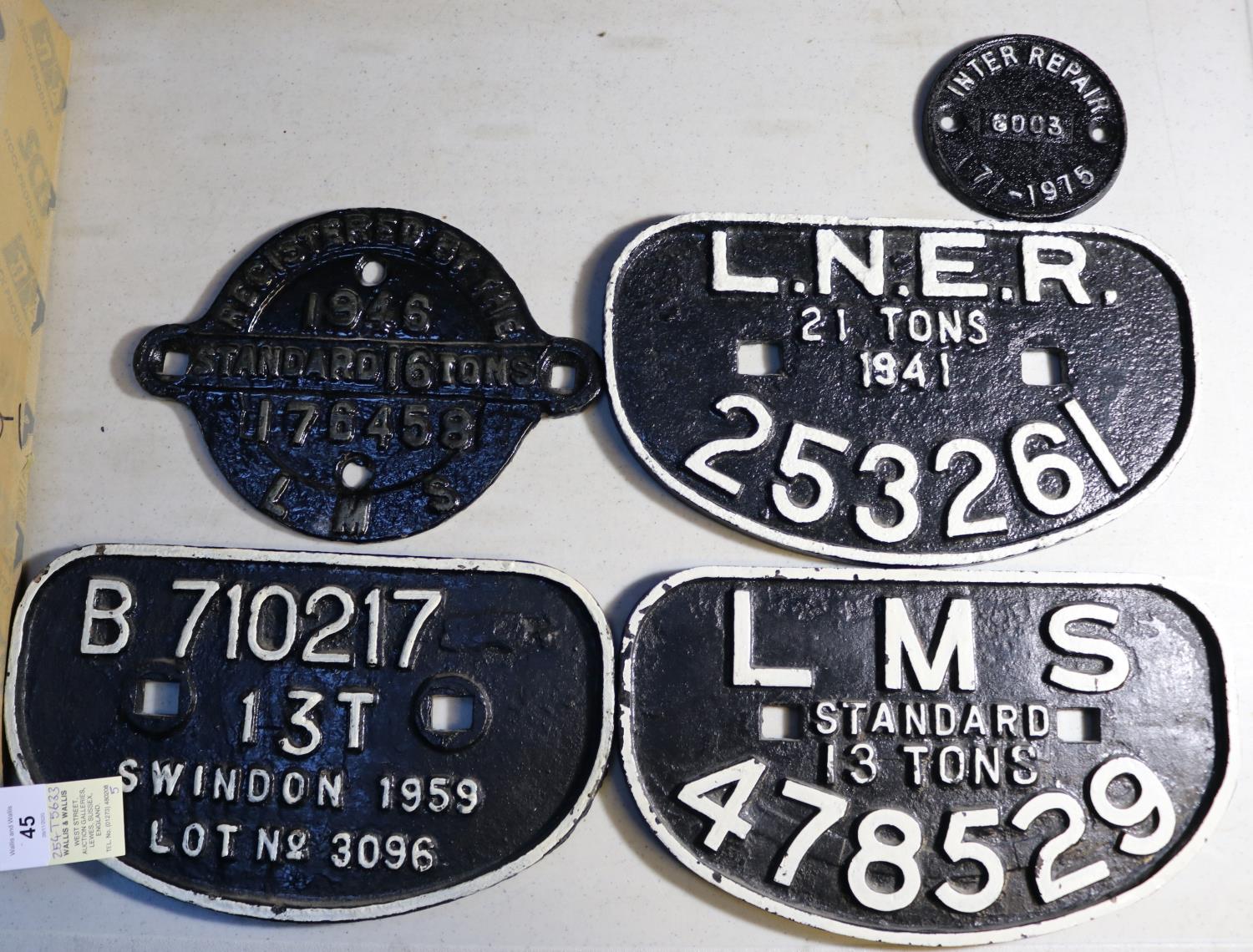 5x railway wagon builder's plates. LMS standard 13-ton; 478529. LMS 'target' shaped 1946 standard