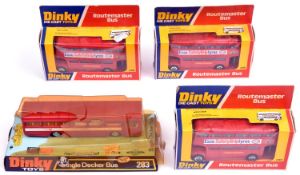 4x Dinky Toys buses. Single Decker Bus (283). 3x Routemaster Bus (289), Esso Safety Grip Tyres.