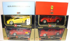 6 Bburago 1:18 scale cars. 2 special editions on plinths- 1994 Ferrari GTO and a 1931 Alfa Romeo