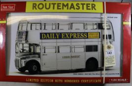 A Sun Star 1:24 scale London Transport Routemaster in 'unpainted' silver. RM664, Garage FW7,