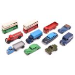 11 Dinky Toys. 9 mostly well restored examples - 2x Leyland Double Deck Buses, Riley, Leyland
