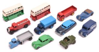 11 Dinky Toys. 9 mostly well restored examples - 2x Leyland Double Deck Buses, Riley, Leyland