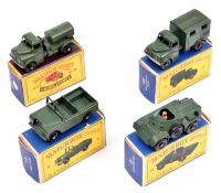 4x Matchbox Series. Land Rover Series II (12b) with black plastic wheels. Ferret Scout Car (61a).