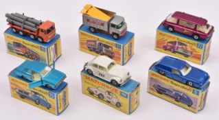 6x Matchbox Superfast. Lotus Europa in metallic blue (5e). Leyland Pipe Truck in orange (10d).