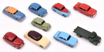 9 well restored Dinky Toys. 2x Hudson Commodore Sedan, in cream/maroon and blue and tan. Ford Fordor